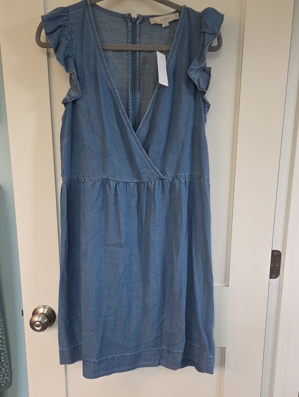 LOFT Light Blue Chambray Ruffle Sleeve Wrap Dress